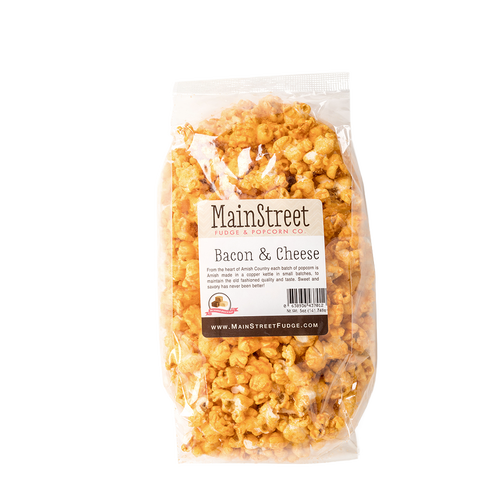 Clear plastic bag filled with handcrafted bacon and cheese flavored popcorn made in USA, perfect for Kitchen & Food, Food, Popcorn, and Best Sellers collections.