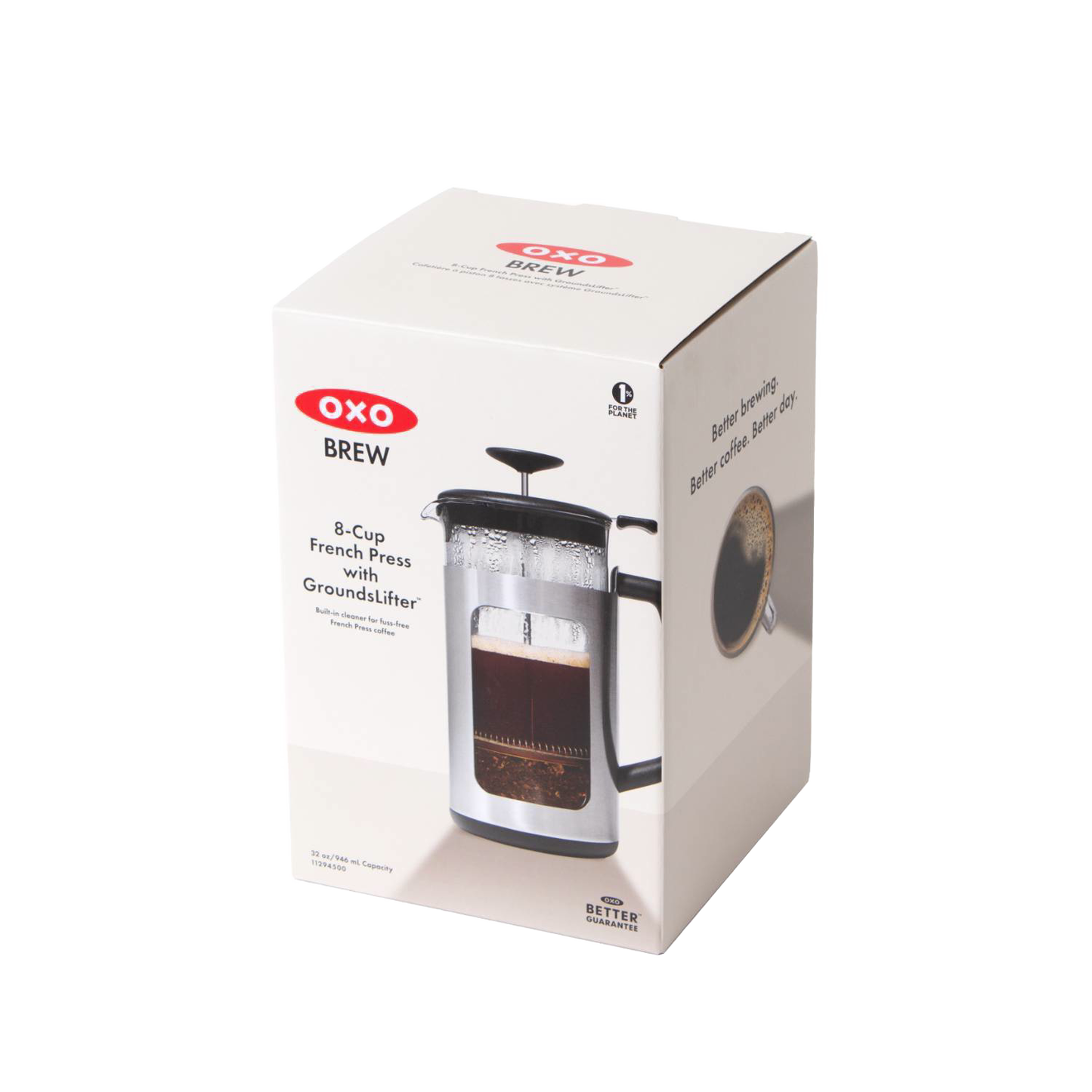 Packaging box of an 8-cup French press coffee maker featuring GroundsLifter design for easy cleanup, shown with branding and product image, ideal for Kitchen & Food, Brewing Coffee and Tea, Best Sellers, and Promo Eligible collections.