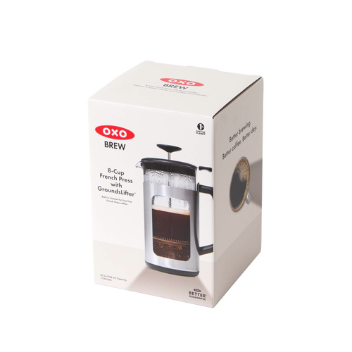 Packaging box of an 8-cup French press coffee maker featuring GroundsLifter design for easy cleanup, shown with branding and product image, ideal for Kitchen & Food, Brewing Coffee and Tea, Best Sellers, and Promo Eligible collections.