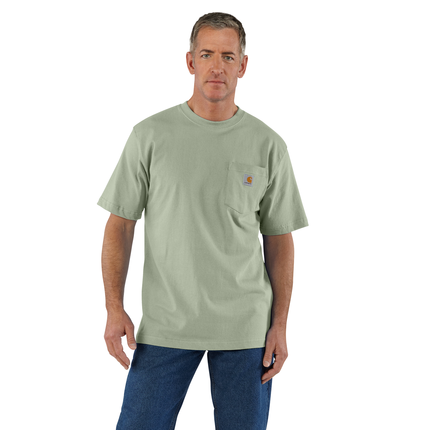 Man wearing a heavyweight cotton short-sleeve t-shirt in muted green with a chest pocket, designed for durability and comfort, suitable for casual wear and outdoor activities in Clothing and Accessories.