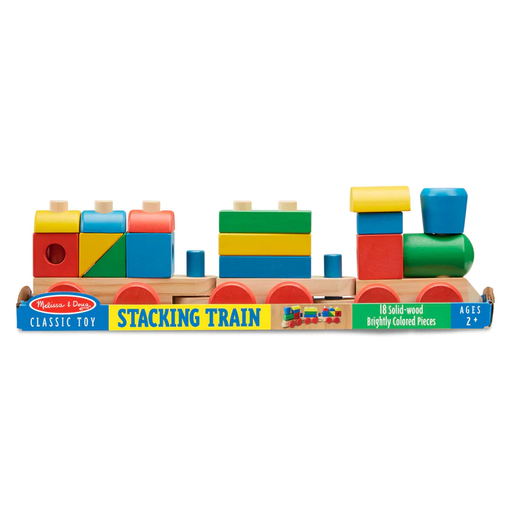 Brightly colored wooden stacking train toy with 18 solid pieces, designed for toddlers to build, sort, and stack, part of Toys, Books & Games, Children's Toys, Indoor Play, Wooden Toys, and Best Sellers collections.