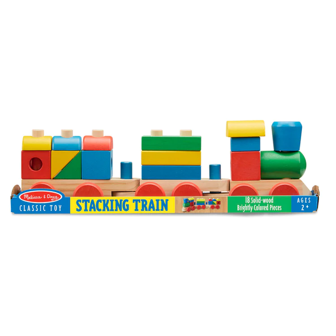 Brightly colored wooden stacking train toy with 18 solid pieces, designed for toddlers to build, sort, and stack, part of Toys, Books & Games, Children's Toys, Indoor Play, Wooden Toys, and Best Sellers collections.