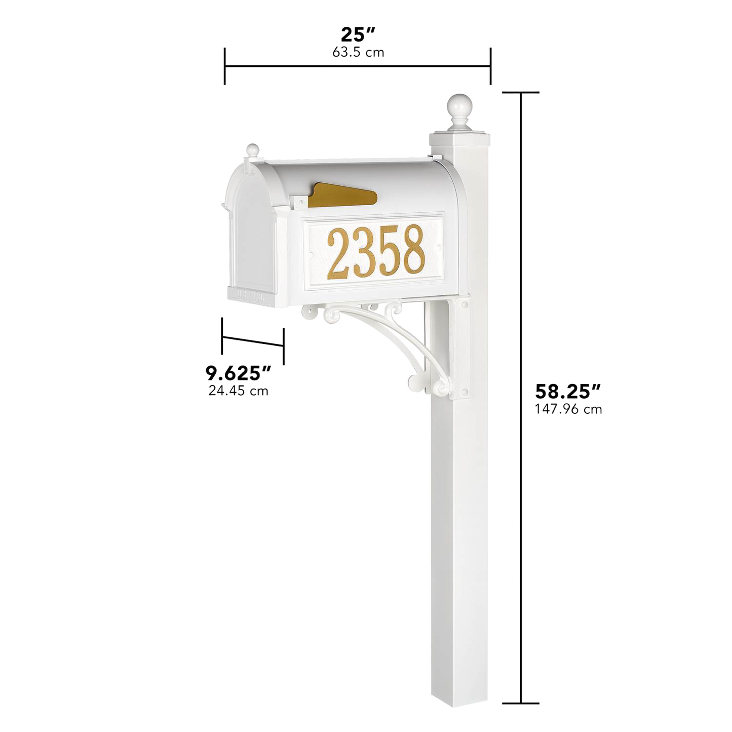 Handcrafted white and gold mailbox with post featuring large address numbers, designed to enhance curb appeal in Home & Decor, Household Helpers, and USA Made collections.