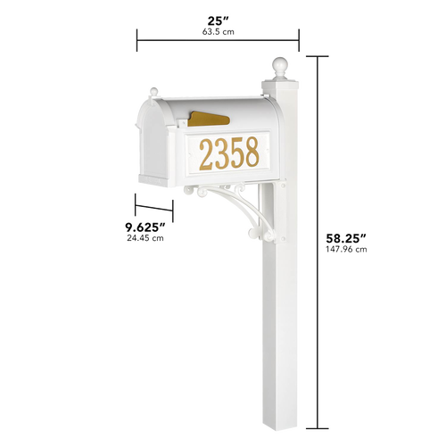 Handcrafted white and gold mailbox with post featuring large address numbers, designed to enhance curb appeal in Home & Decor, Household Helpers, and USA Made collections.