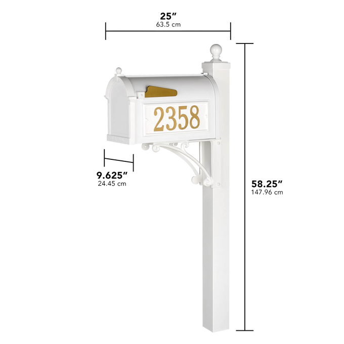 Handcrafted white and gold mailbox with post featuring large address numbers, designed to enhance curb appeal in Home & Decor, Household Helpers, and USA Made collections.