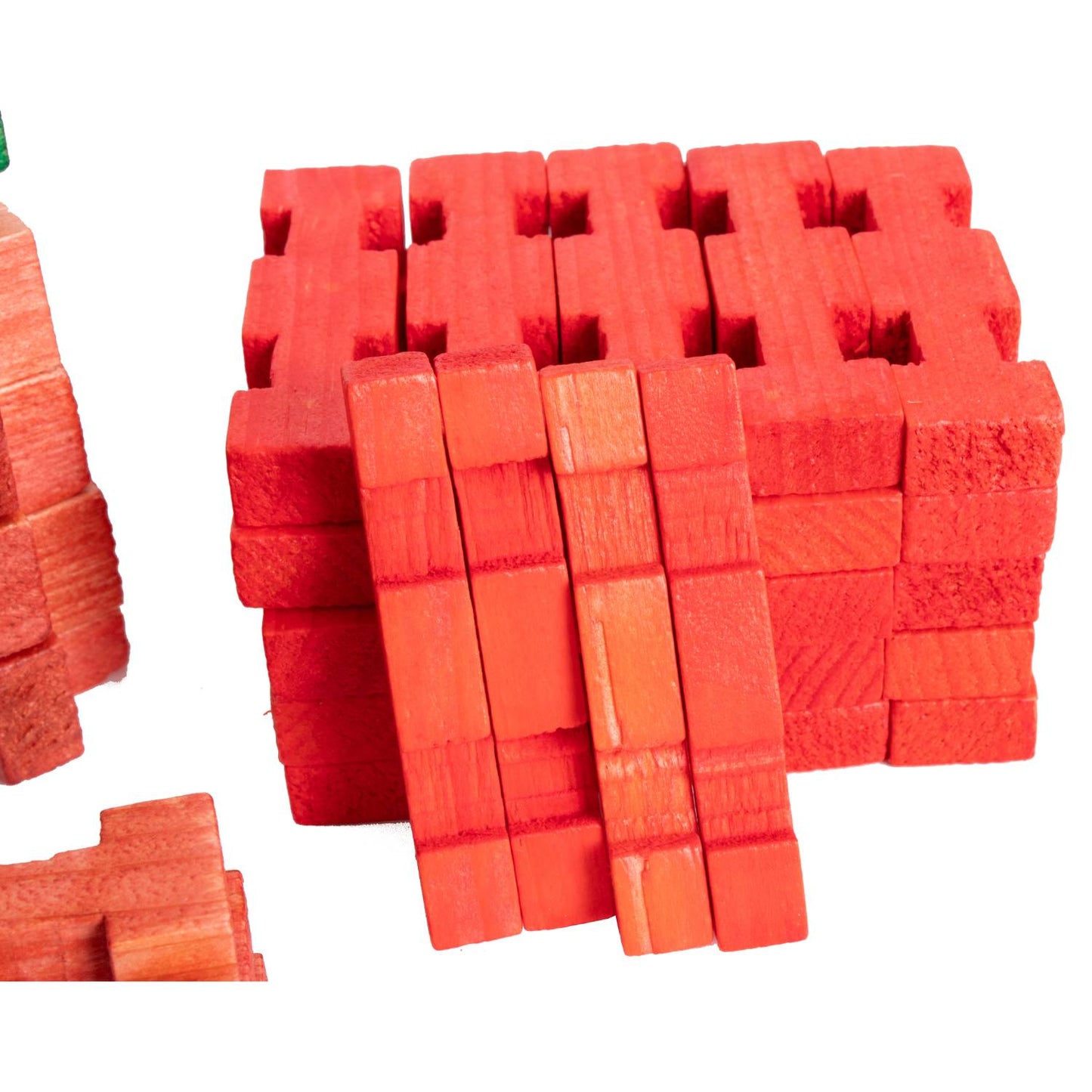 Handcrafted wooden log pieces in shades of red with interlocking notches, designed for imaginative indoor play, part of USA Made, Toys, Books & Games, and Wooden Toys collections.