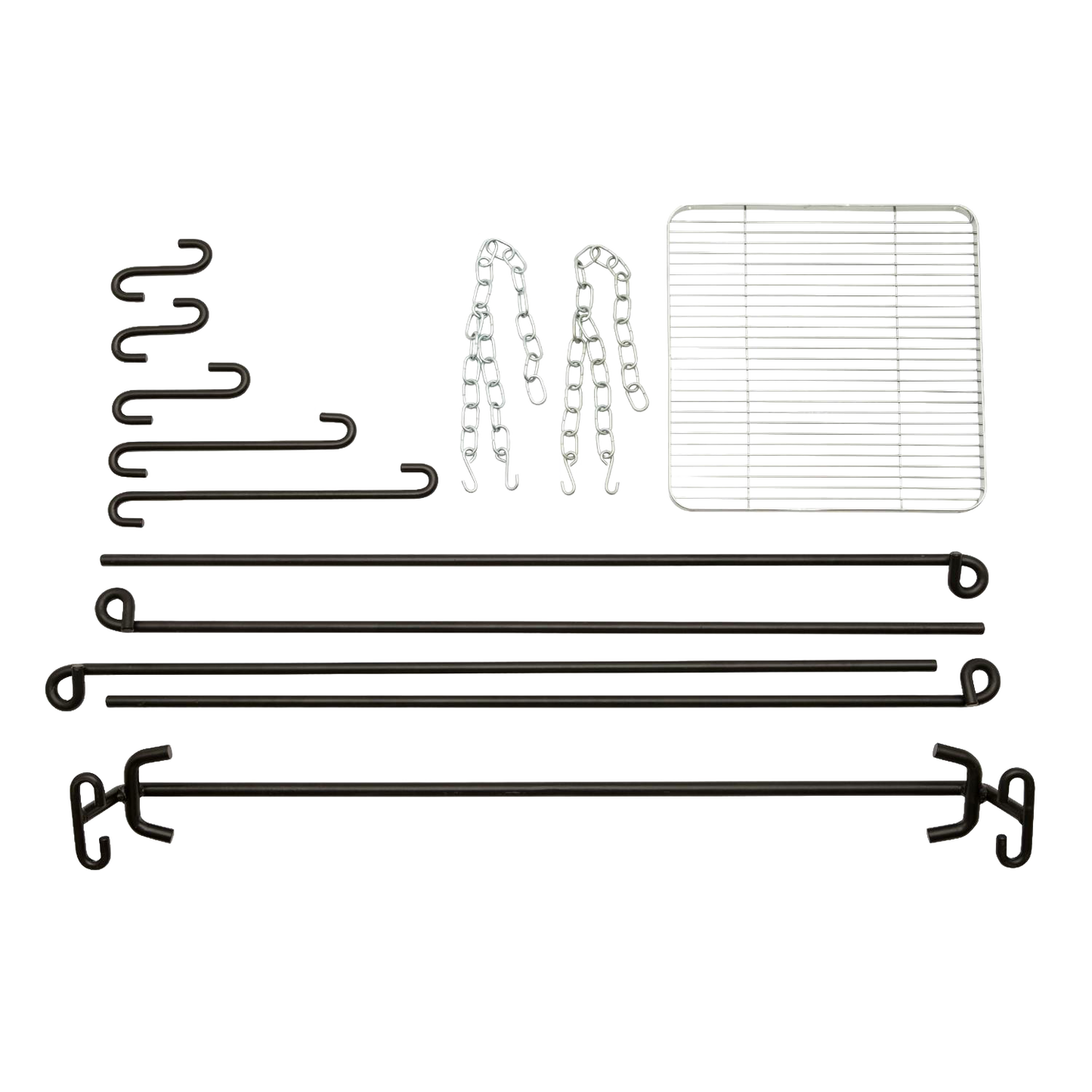 Set of sturdy black coated steel rods, hooks, chains, and a grilling grate designed for assembling a versatile outdoor cooking fire bridge, ideal for camping and grilling in Farm, Garden & Tool, Stoves, and Camping collections.