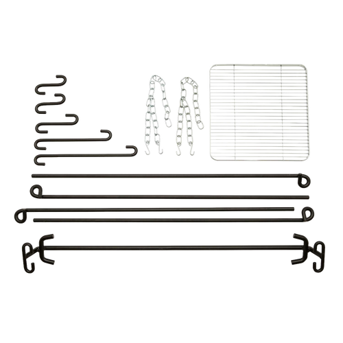 Set of sturdy black coated steel rods, hooks, chains, and a grilling grate designed for assembling a versatile outdoor cooking fire bridge, ideal for camping and grilling in Farm, Garden & Tool, Stoves, and Camping collections.