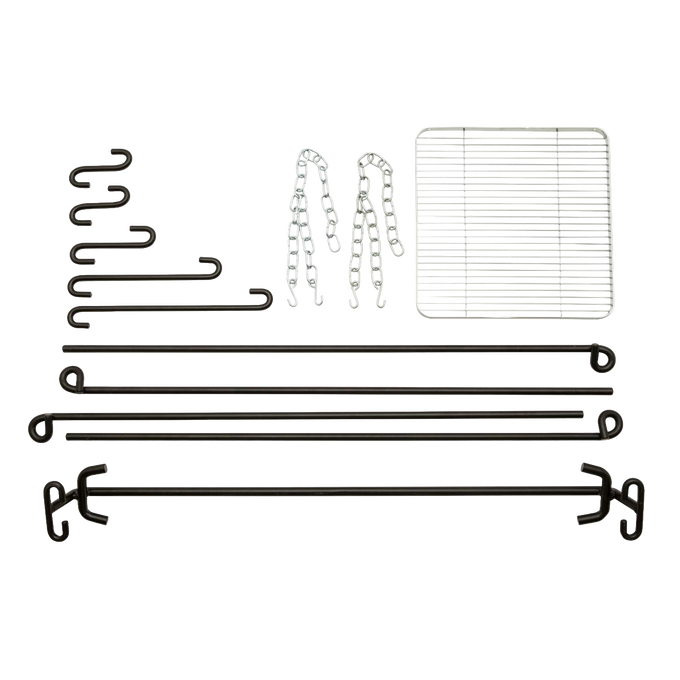 Set of sturdy black coated steel rods, hooks, chains, and a grilling grate designed for assembling a versatile outdoor cooking fire bridge, ideal for camping and grilling in Farm, Garden & Tool, Stoves, and Camping collections.