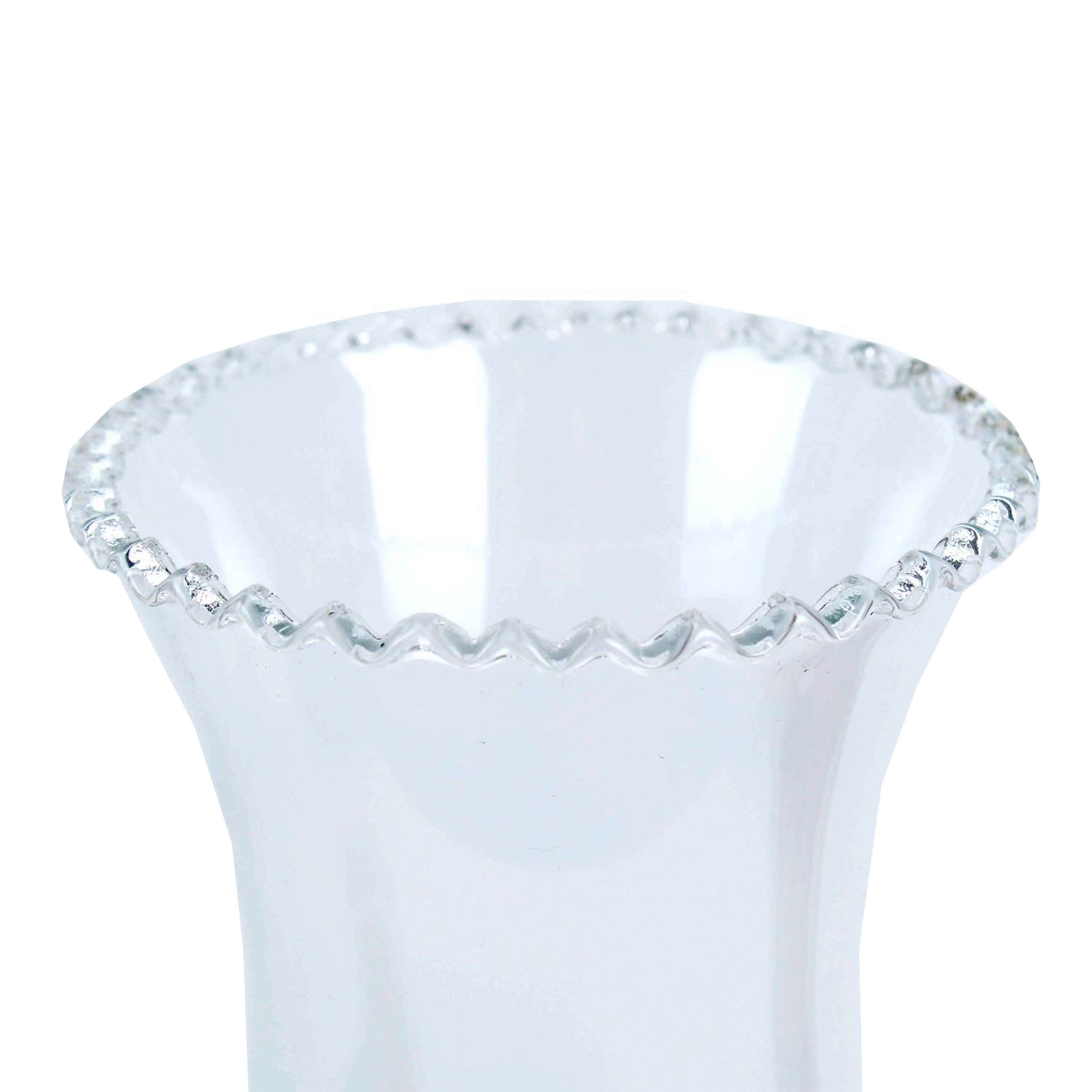 Clear crimp top glass oil lamp chimney with decorative rippled edge, suitable for lamps and lighting, chimneys and globes, and parts and accessories collections.