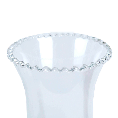 Clear crimp top glass oil lamp chimney with decorative rippled edge, suitable for lamps and lighting, chimneys and globes, and parts and accessories collections.