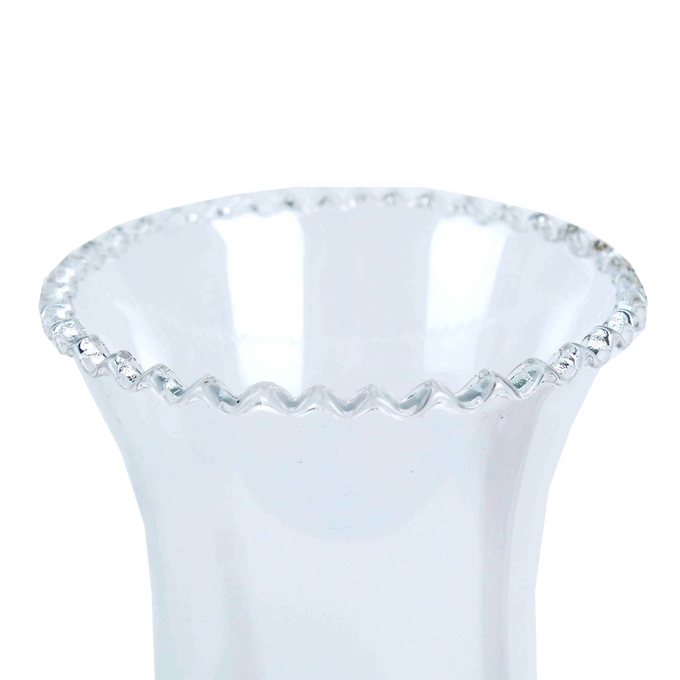 Clear crimp top glass oil lamp chimney with decorative rippled edge, suitable for lamps and lighting, chimneys and globes, and parts and accessories collections.