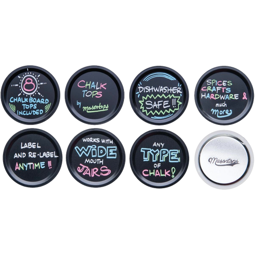 Set of eight reusable black chalkboard lids featuring colorful handwritten messages highlighting uses with wide mouth jars, dishwasher safety, and labeling versatility; ideal for Home & Decor, Best Sellers, and Promo Eligible collections.