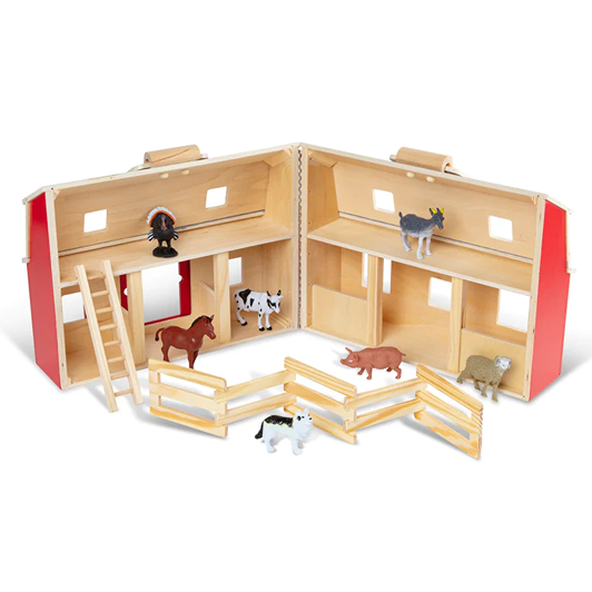 Handcrafted wooden barn toy with hinged sides that open to reveal multiple stalls and a foldable corral, including miniature farm animals, ideal for children's imaginative play in Wooden Toys and Toys, Books & Games collections.