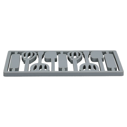 Rectangular silicone trivet in gray with a raised utensil pattern for heat protection, suitable for Kitchen & Food, Dinnerware, Holiday Hosting, and Kitchen Gadgets collections.