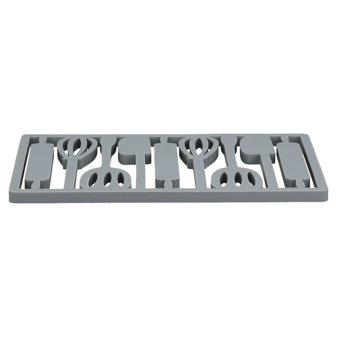 Rectangular silicone trivet in gray with a raised utensil pattern for heat protection, suitable for Kitchen & Food, Dinnerware, Holiday Hosting, and Kitchen Gadgets collections.