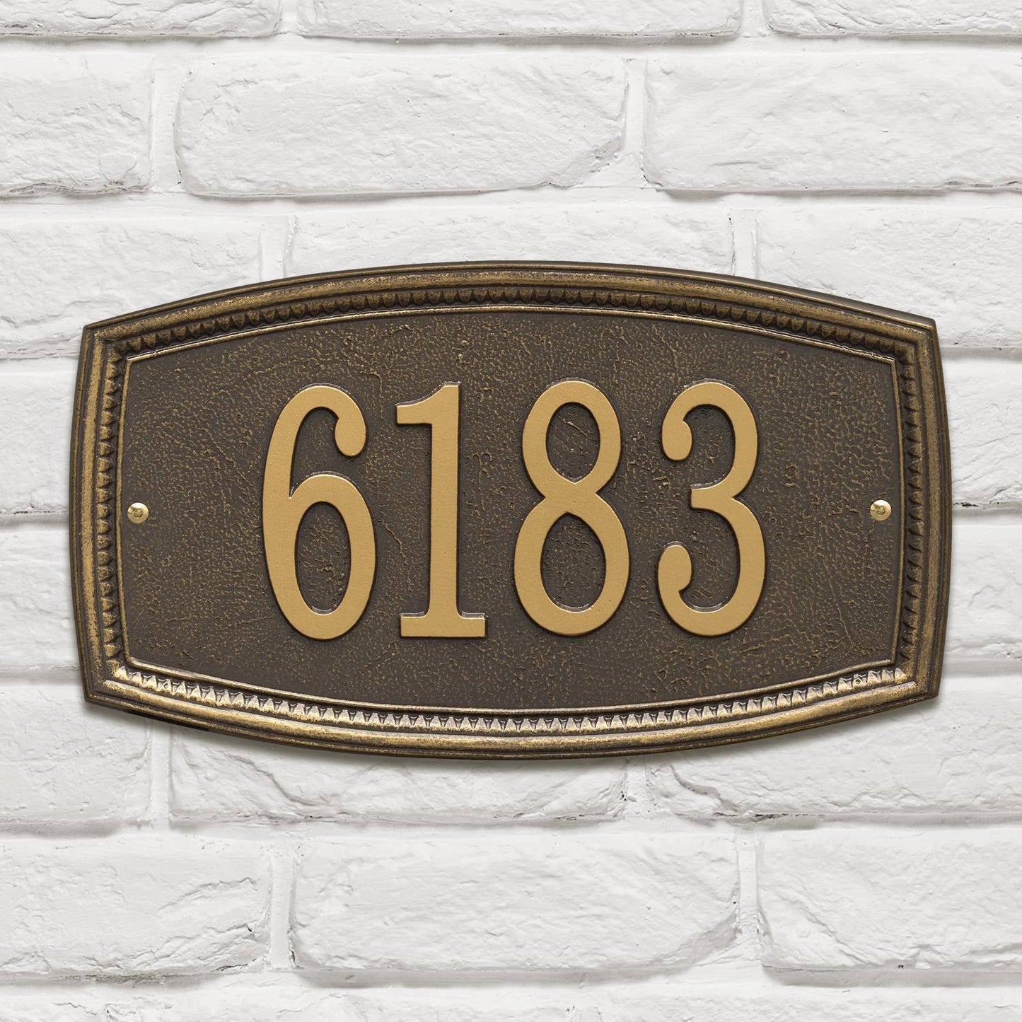 Bronze custom wall plaque with raised numbers and decorative border, handcrafted and made in USA, perfect for adding curb appeal to your home in Home & Decor and Mailboxes and Address Signs collections.