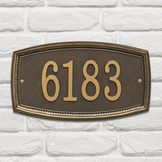 Bronze custom wall plaque with raised numbers and decorative border, handcrafted and made in USA, perfect for adding curb appeal to your home in Home & Decor and Mailboxes and Address Signs collections.
