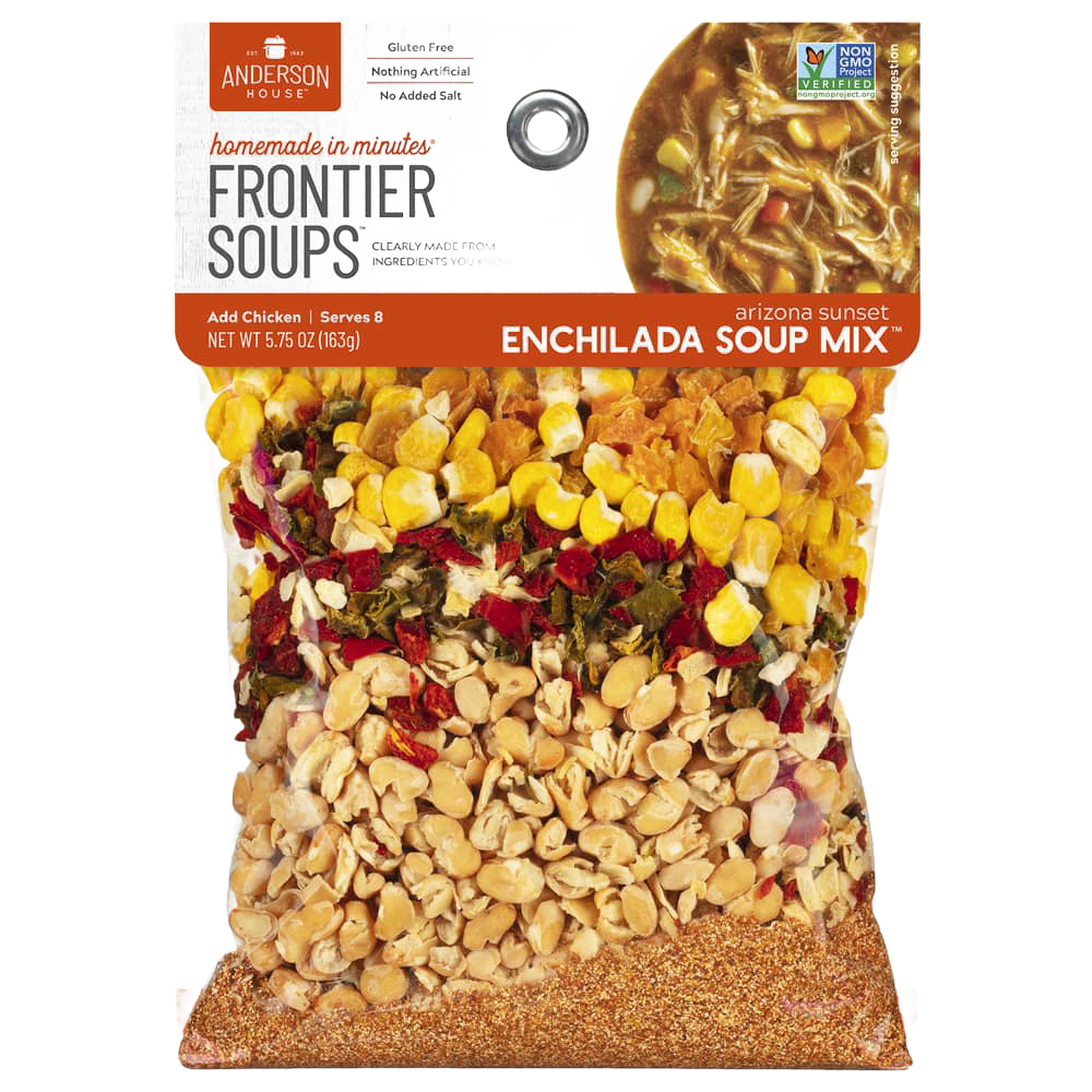 Clear bag of handcrafted gluten-free enchilada soup mix with natural dried ingredients including corn, beans, and spices; featured in Kitchen & Food, Pantry, Dry Goods and Mixes, Soups, Best Sellers, and Promo Eligible collections.