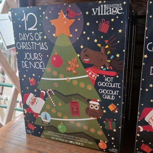 Festive 12 Days of Hot Chocolate Advent Calendar featuring 12 single-serve holiday flavors with handcrafted designs, perfect for Kitchen & Food, Snacks and Sweets, Beverages, Best Sellers, and Promo Eligible collections.