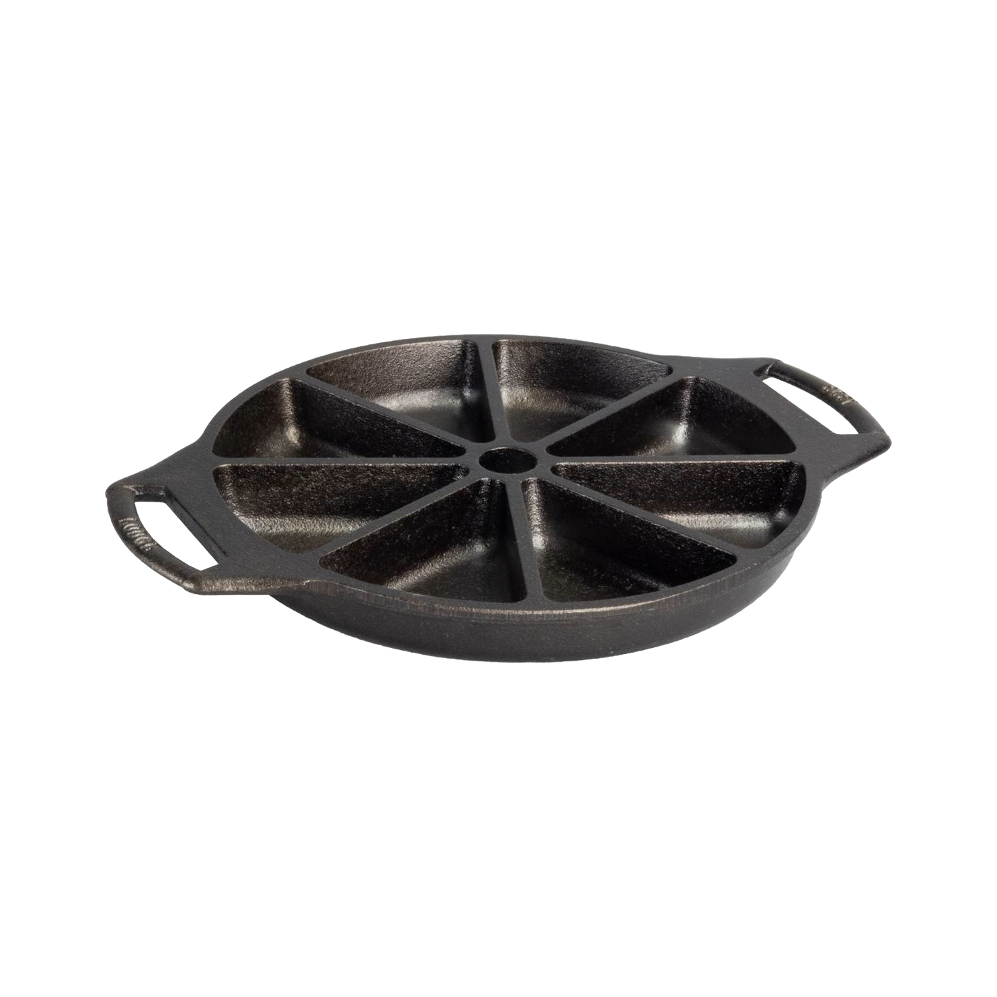 Seasoned cast iron wedge pan with eight individual sections and dual handles, known for exceptional heat retention, made in USA, ideal for Kitchen & Food and Cast Iron collections.