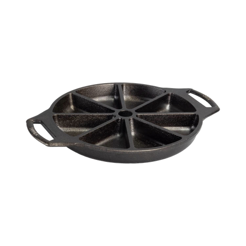 Seasoned cast iron wedge pan with eight individual sections and dual handles, known for exceptional heat retention, made in USA, ideal for Kitchen & Food and Cast Iron collections.
