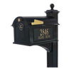 Black and gold personalized mailbox with monogram and address plaque, made in USA, combining elegant style and functionality, ideal for home decor and household use collections.