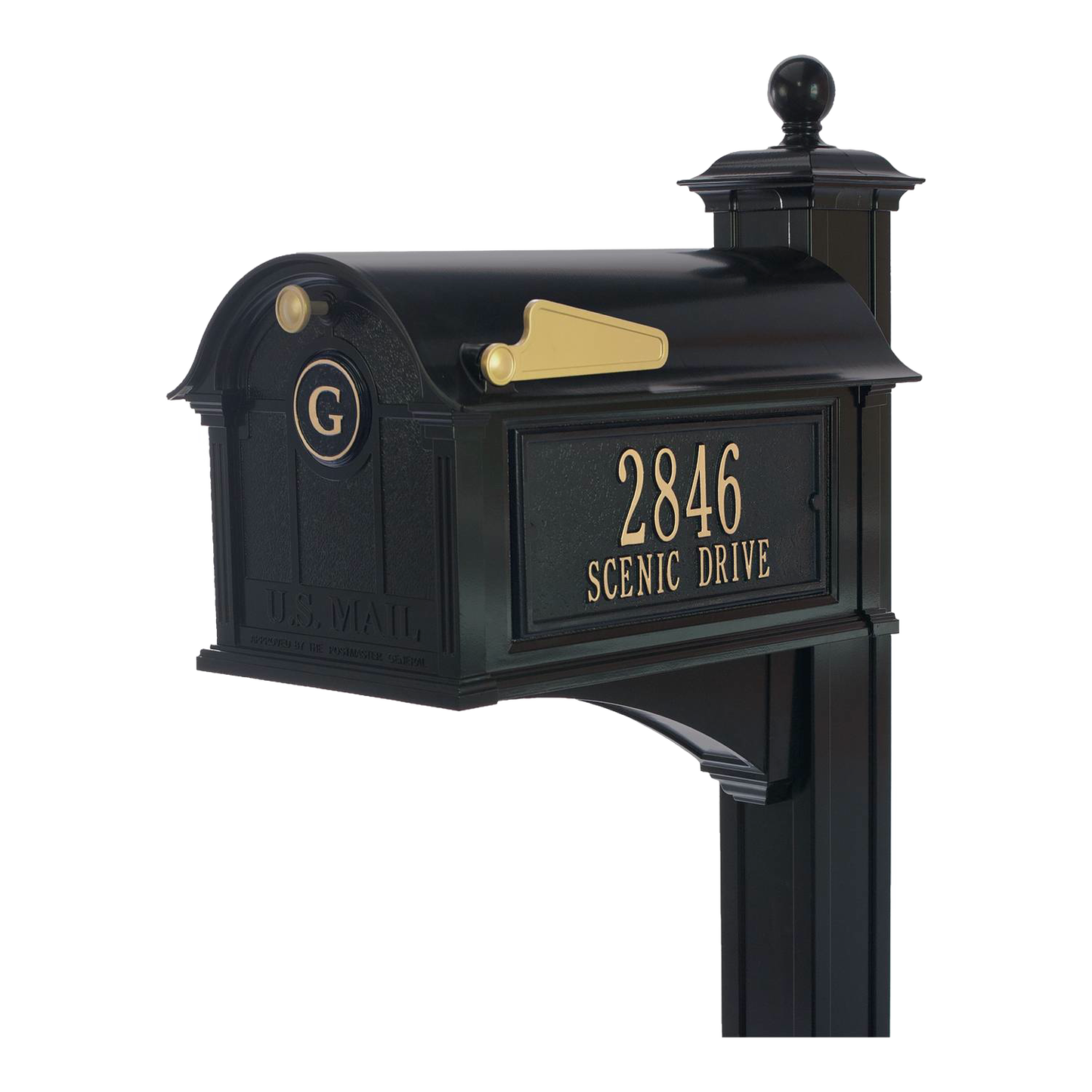 Black and gold personalized mailbox with monogram and address plaque, made in USA, combining elegant style and functionality, ideal for home decor and household use collections.