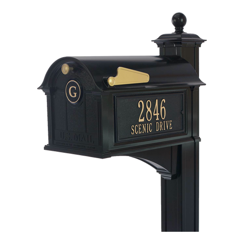 Black and gold personalized mailbox with monogram and address plaque, made in USA, combining elegant style and functionality, ideal for home decor and household use collections.
