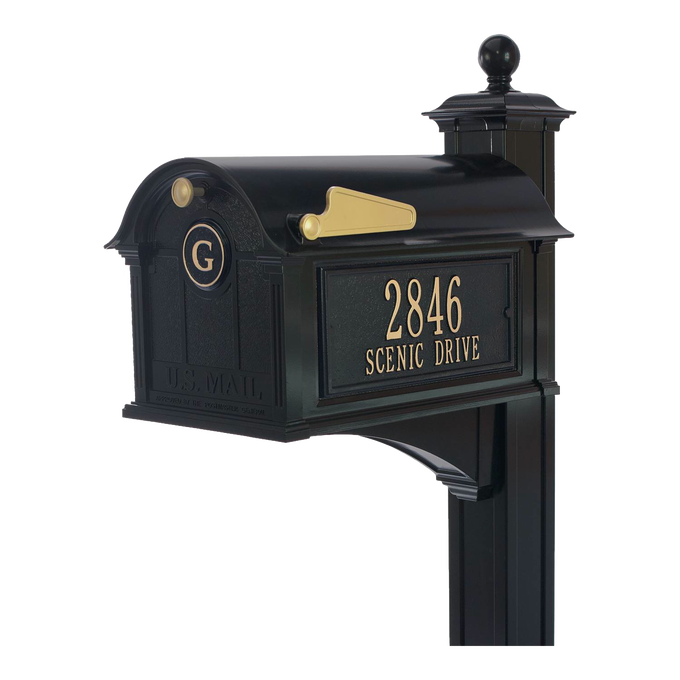 Black and gold personalized mailbox with monogram and address plaque, made in USA, combining elegant style and functionality, ideal for home decor and household use collections.