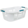 White plastic laundry basket with teal grip handles and ventilated sides, designed for comfortable carrying and ideal for laundry supplies and home organization, made in USA.
