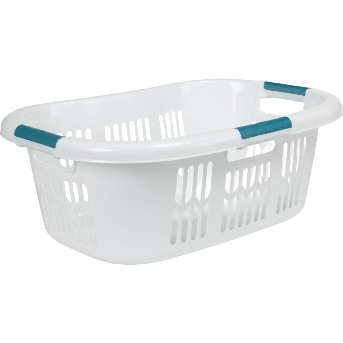 White plastic laundry basket with teal grip handles and ventilated sides, designed for comfortable carrying and ideal for laundry supplies and home organization, made in USA.