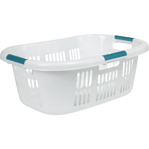 White plastic laundry basket with teal grip handles and ventilated sides, designed for comfortable carrying and ideal for laundry supplies and home organization, made in USA.