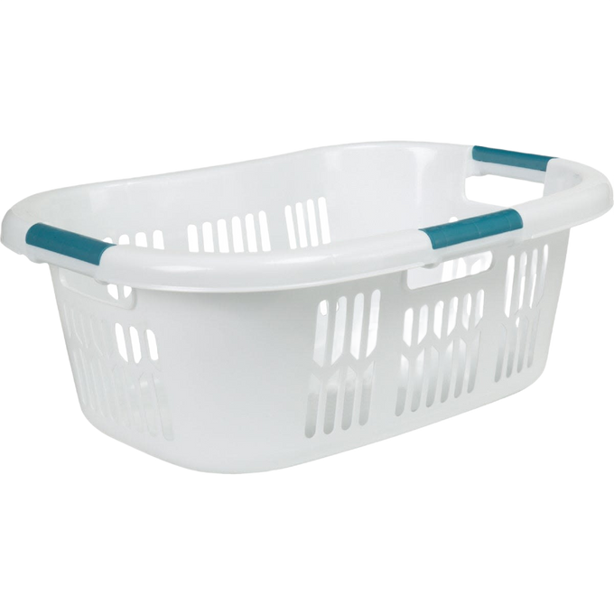 White plastic laundry basket with teal grip handles and ventilated sides, designed for comfortable carrying and ideal for laundry supplies and home organization, made in USA.