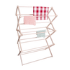 Handcrafted small wooden floor dryer made in USA with multiple tiers holding folded striped and checkered cloths, part of Home & Decor and Laundry Supplies collections.