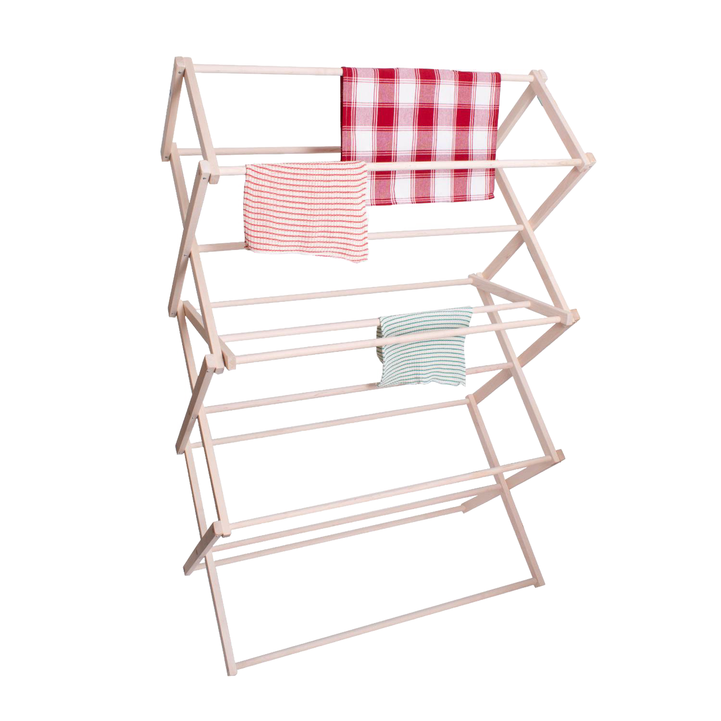 Handcrafted small wooden floor dryer made in USA with multiple tiers holding folded striped and checkered cloths, part of Home & Decor and Laundry Supplies collections.