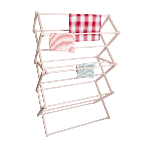 Handcrafted small wooden floor dryer made in USA with multiple tiers holding folded striped and checkered cloths, part of Home & Decor and Laundry Supplies collections.