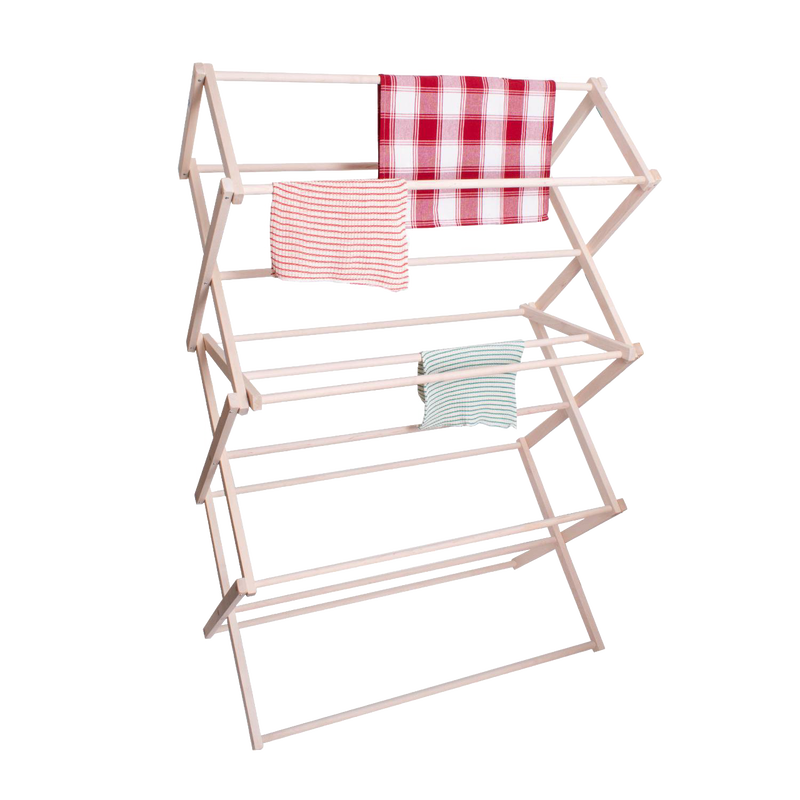 Handcrafted small wooden floor dryer made in USA with multiple tiers holding folded striped and checkered cloths, part of Home & Decor and Laundry Supplies collections.