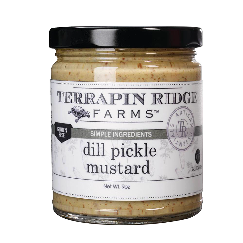 Glass jar of handcrafted dill pickle mustard with black lid, gluten-free label, and simple ingredients branding, featured in Kitchen & Food and Gluten Free collections.