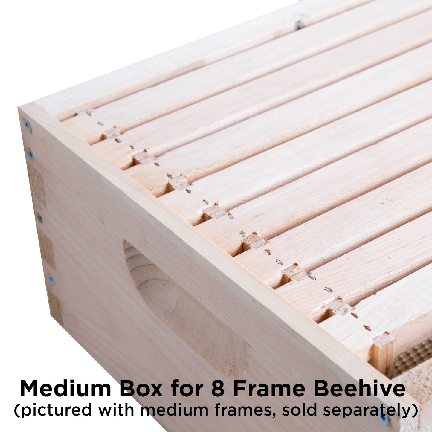 Close-up of a handcrafted Amish-made wooden 8-frame medium bee box with assembled medium frames, featuring smooth natural wood, ideal for beekeeping and farm tool collections in the USA.