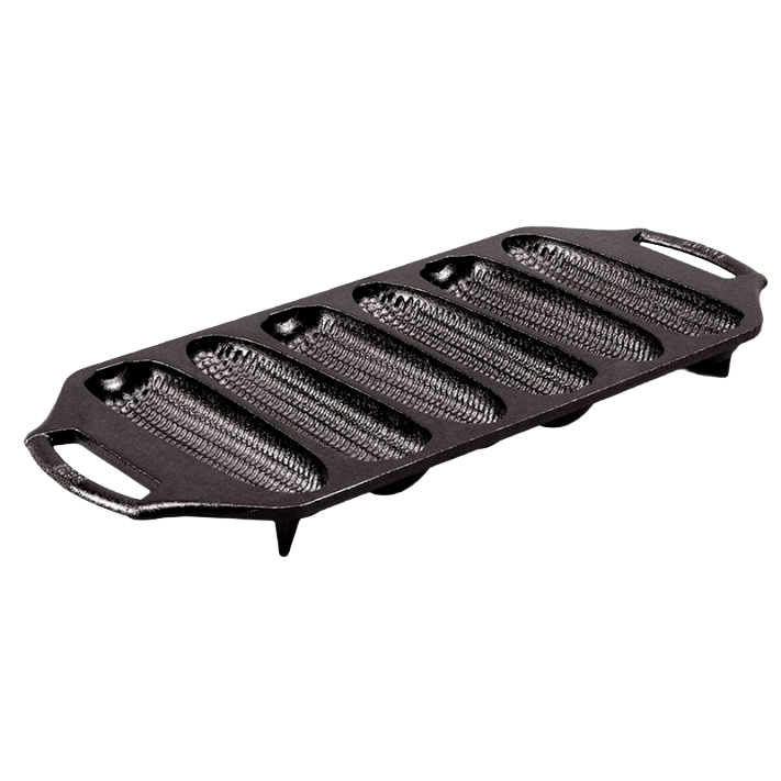 Seasoned cast iron cornstick pan with six elongated molds, dual handles for easy handling, angled feet for oven stability, made in USA, ideal for Kitchen & Food, Cast Iron, Cookware, and Best Sellers collections.