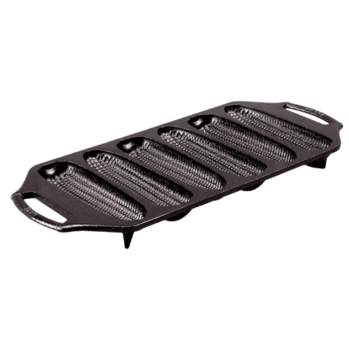 Seasoned cast iron cornstick pan with six elongated molds, dual handles for easy handling, angled feet for oven stability, made in USA, ideal for Kitchen & Food, Cast Iron, Cookware, and Best Sellers collections.