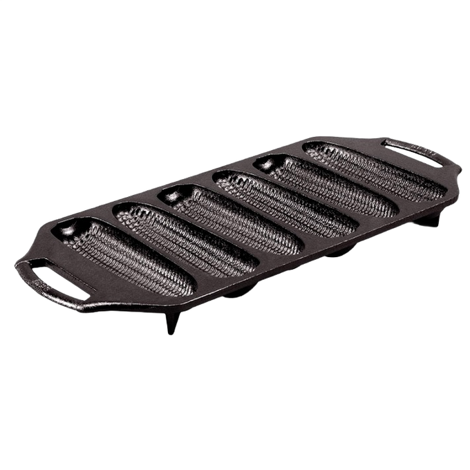 Seasoned cast iron cornstick pan with six elongated molds, dual handles for easy handling, angled feet for oven stability, made in USA, ideal for Kitchen & Food, Cast Iron, Cookware, and Best Sellers collections.