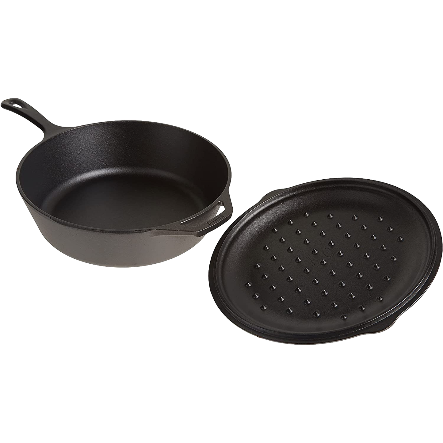 Deep cast iron chicken fryer with a skillet-style handle and a lid featuring self-basting nubs, pre-seasoned for even heat retention, ideal for Kitchen & Food and Cast Iron collections.