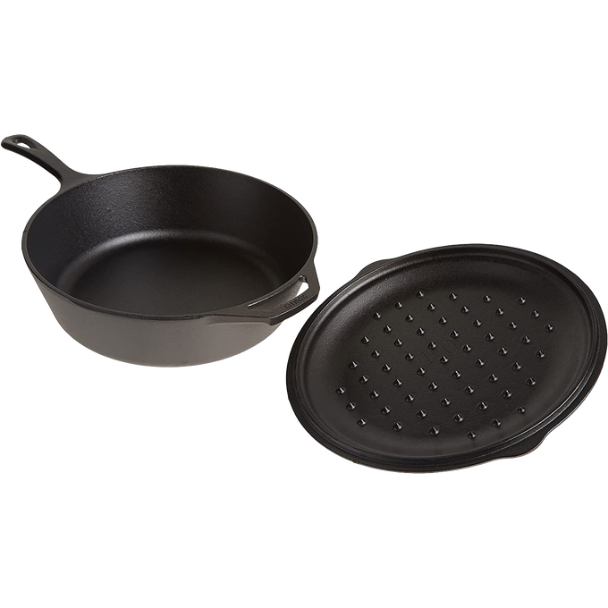 Deep cast iron chicken fryer with a skillet-style handle and a lid featuring self-basting nubs, pre-seasoned for even heat retention, ideal for Kitchen & Food and Cast Iron collections.