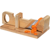 Handcrafted wooden gourmet slicer with adjustable angled blade, perfect for slicing vegetables and charcuterie, shown slicing fresh carrots, ideal for Kitchen & Food and Food Prep collections.