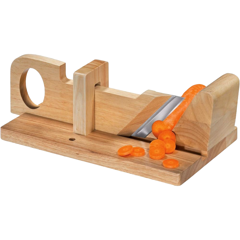 Handcrafted wooden gourmet slicer with adjustable angled blade, perfect for slicing vegetables and charcuterie, shown slicing fresh carrots, ideal for Kitchen & Food and Food Prep collections.