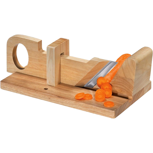 Handcrafted wooden gourmet slicer with adjustable angled blade, perfect for slicing vegetables and charcuterie, shown slicing fresh carrots, ideal for Kitchen & Food and Food Prep collections.