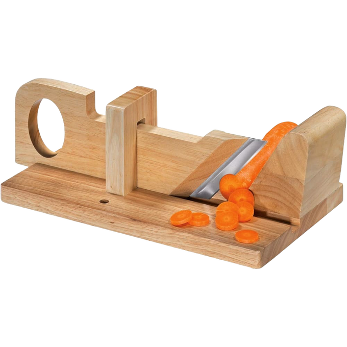 Handcrafted wooden gourmet slicer with adjustable angled blade, perfect for slicing vegetables and charcuterie, shown slicing fresh carrots, ideal for Kitchen & Food and Food Prep collections.