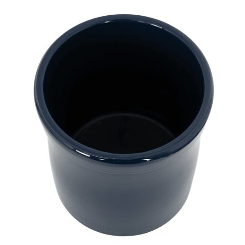 Blue stoneware crock with smooth, food-safe glaze and round rim, handcrafted in the USA for kitchen use, fermenting, and food preservation tasks.